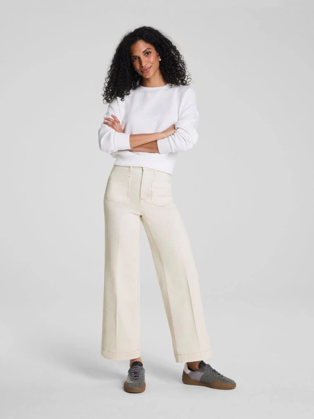 SPANX Authentic 360 Cropped Wide Leg Jeans w/ Patch Pockets in Alabaster Medium